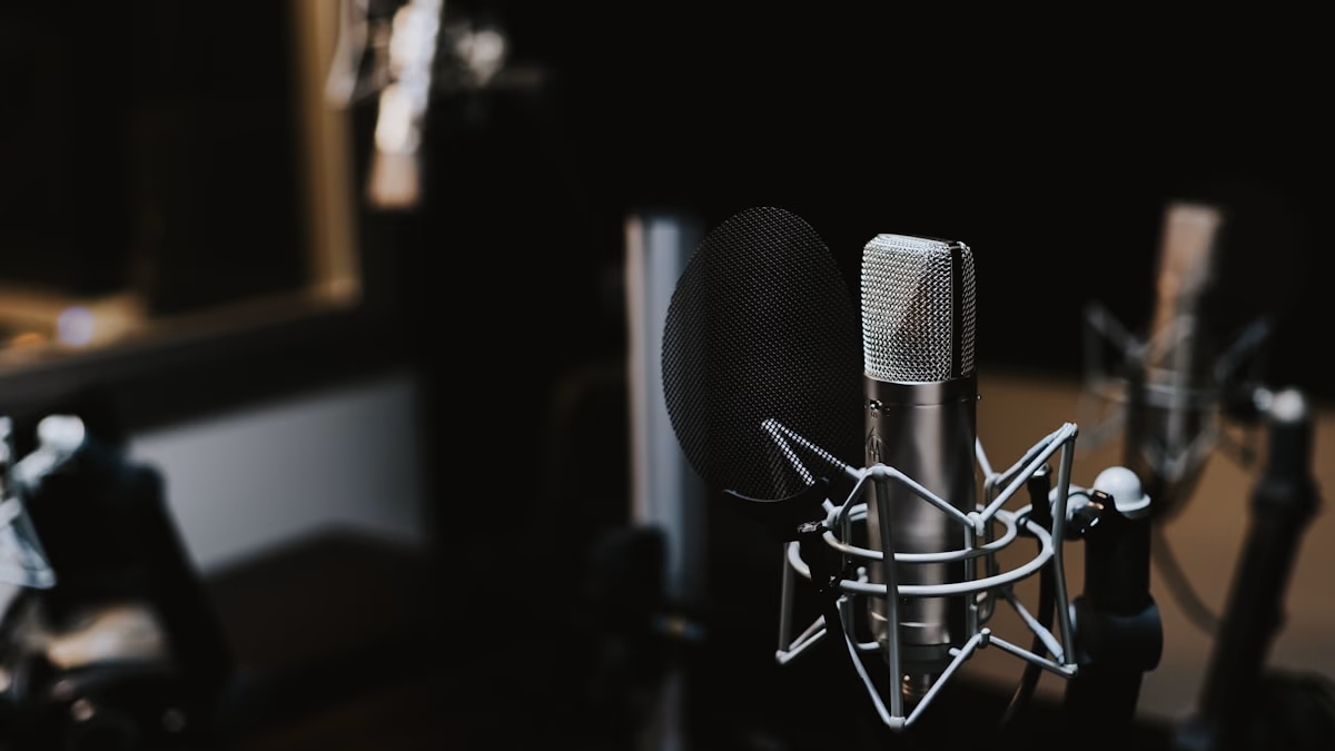 A close-up studio microphone in a dimly lit broadcast setup, representing the merger of AI power and media influence.