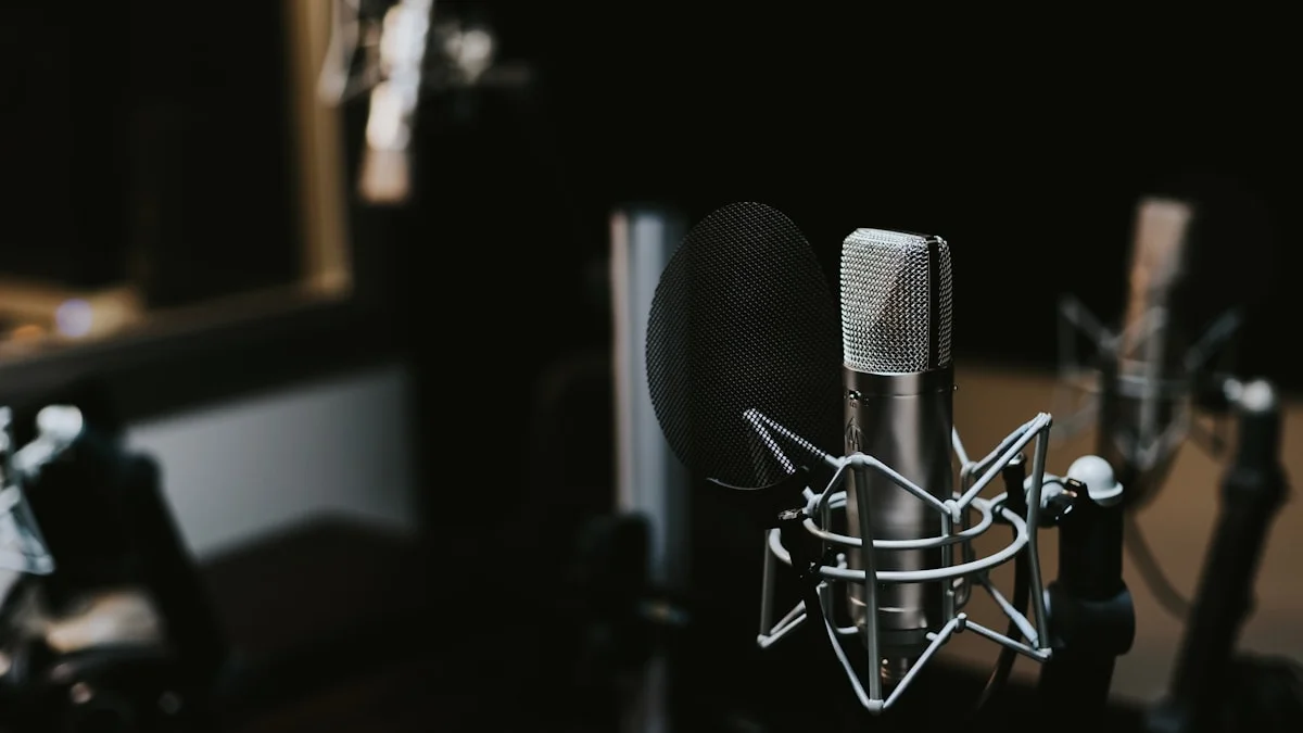 A close-up studio microphone in a dimly lit broadcast setup, representing the merger of AI power and media influence.