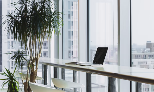 A modern, minimalist home office setup with a focus on clean design and secure hardware.