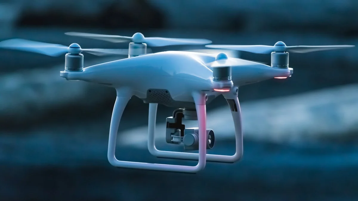 A high-tech interceptor drone in flight, using computer vision to track multiple targets in a complex urban environment.