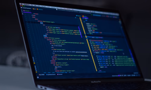 A stylized representation of open-source software development with gears and code.