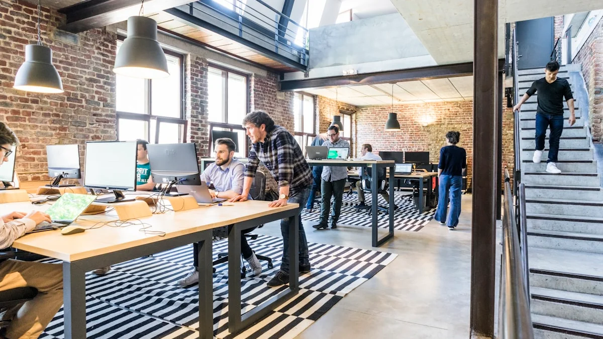 A modern office with human employees and symbolic AI agents working together representing McKinsey's hybrid workforce