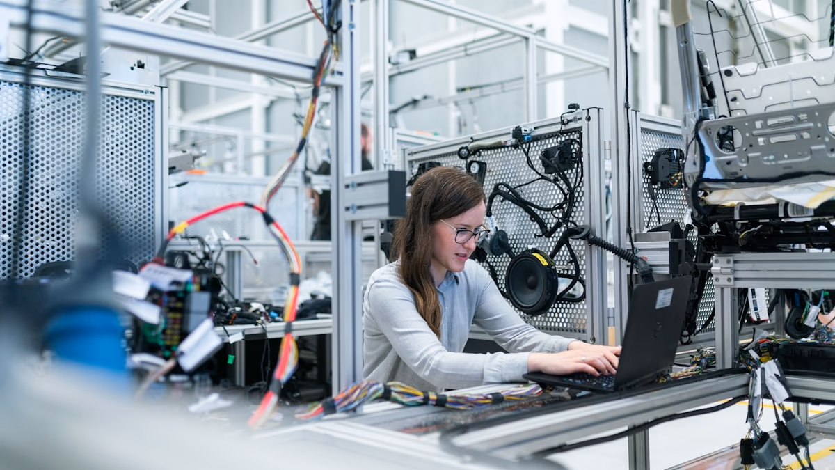 A high-tech automated factory floor in China, showing AI-driven robotic arms and sovereign infrastructure.