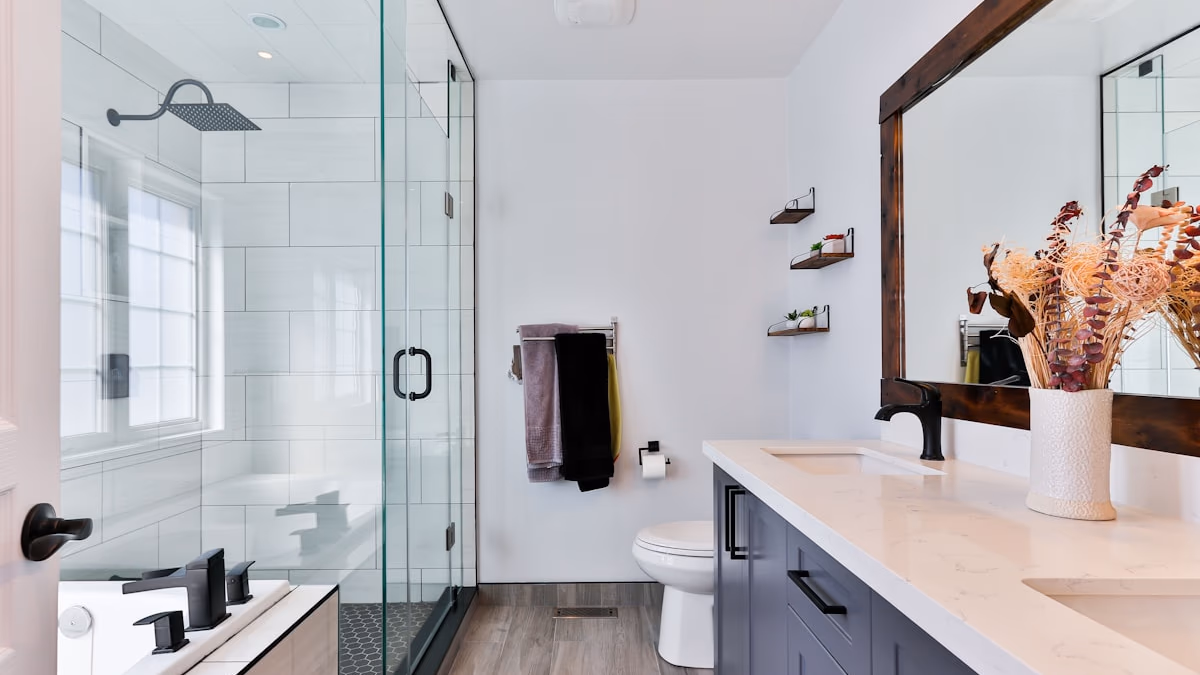 A modern kitchen with a smart refrigerator showing a digital display, representing connected appliances.