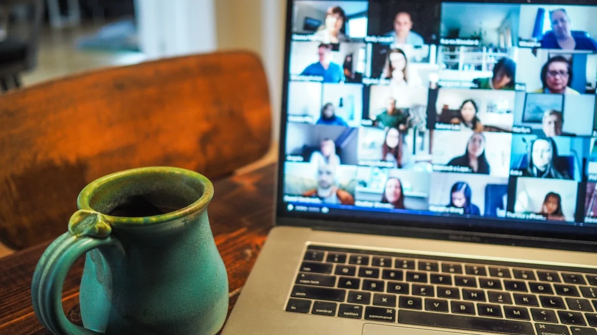 A secure, encrypted video conferencing interface on a laptop screen, symbolizing private digital meetings.