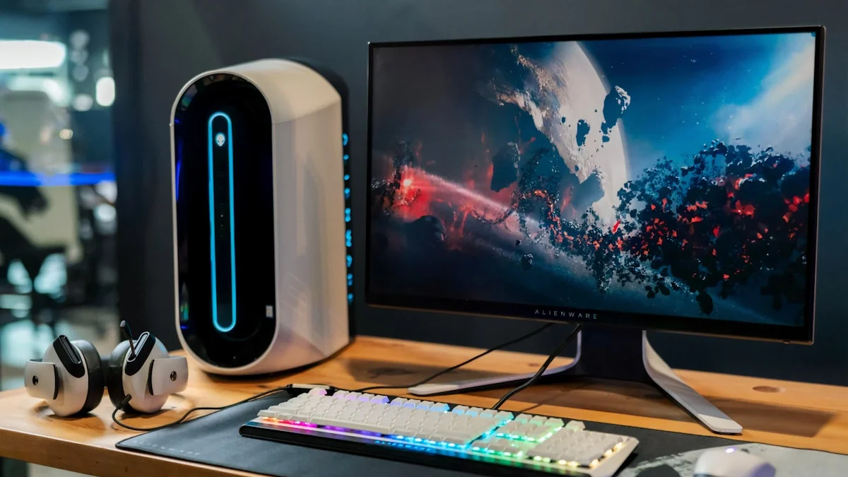 A high-performance desktop PC with glowing RGB lighting, running a terminal interface showing Llama-4 inference logs, symbolizing the power of local AI sovereignty.