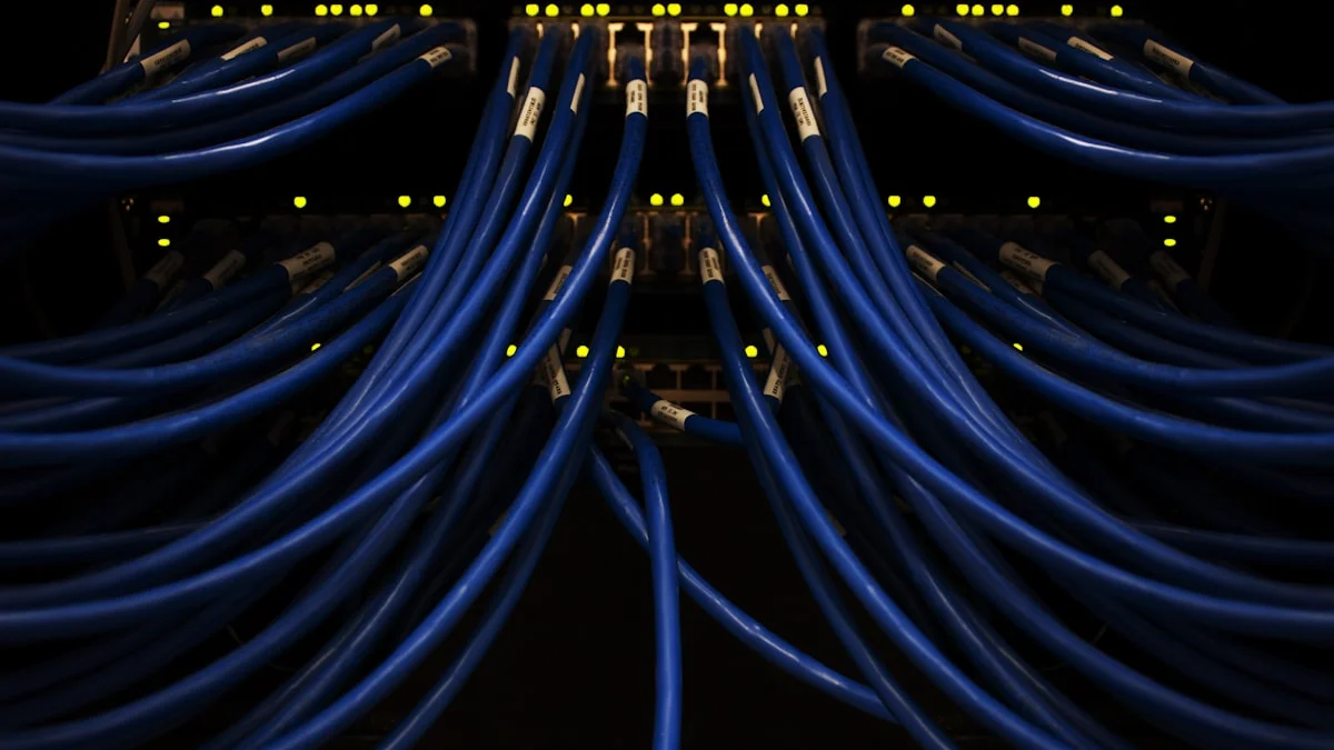 A data center aisle lit with blue and purple lights, representing AI infrastructure expansion.
