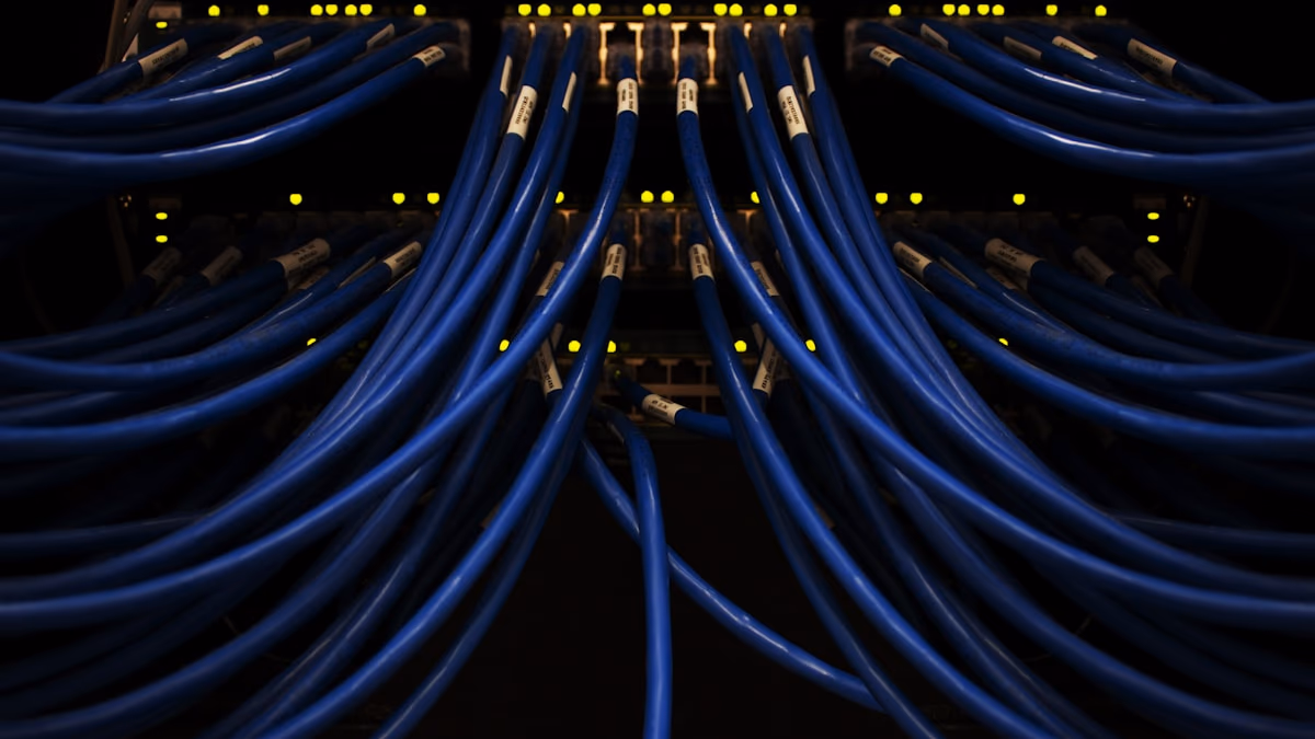 A data center aisle lit with blue and purple lights, representing AI infrastructure expansion.