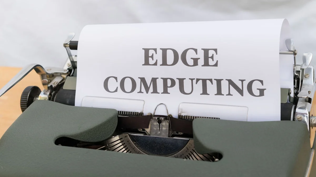A glowing edge computing node processing data locally.