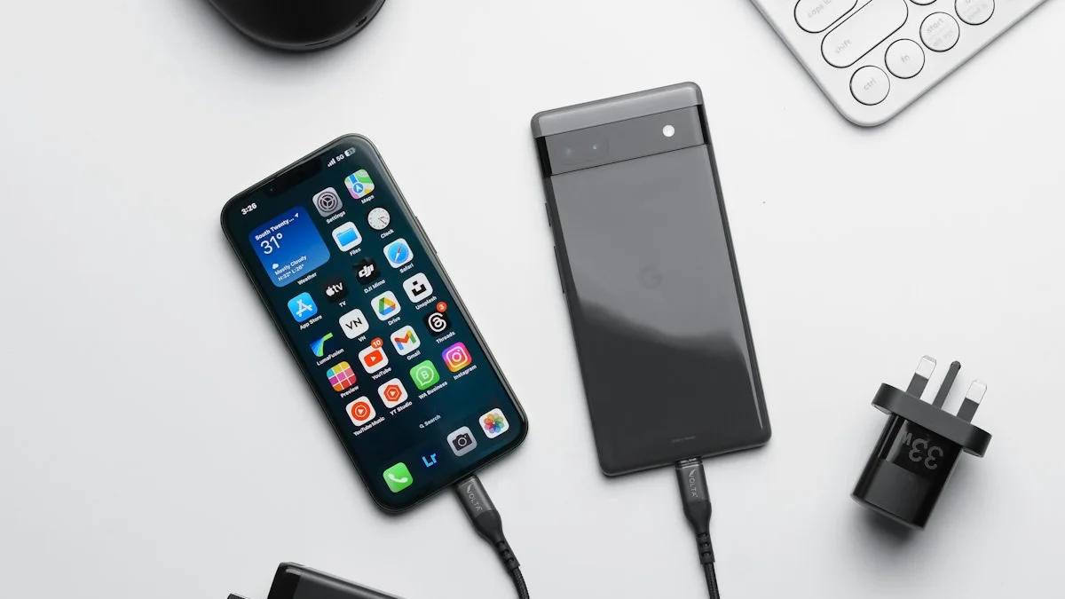 A smartphone screen showing conversation icons for Apple and Android messaging apps.