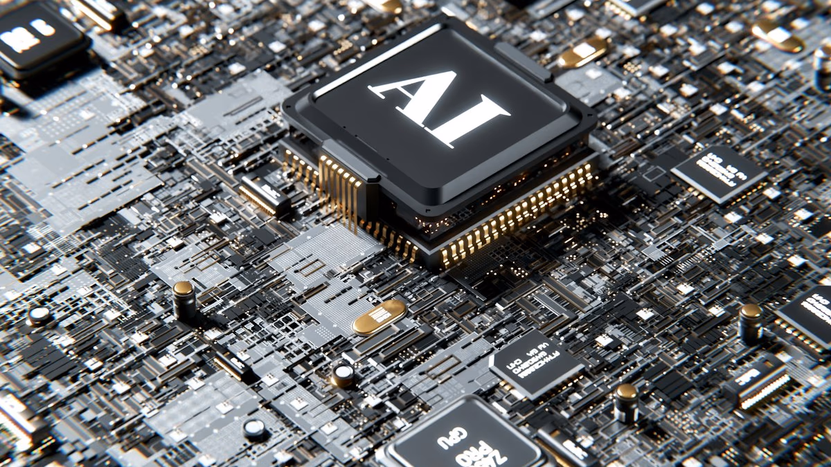A high-tech close-up of a custom AI chip, representing Amazon's Trainium architecture.