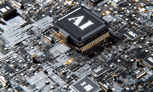 A high-tech close-up of a custom AI chip, representing Amazon's Trainium architecture.
