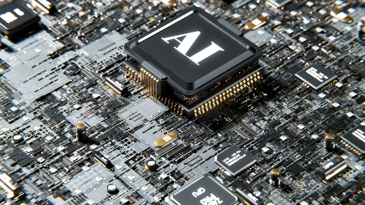 A high-tech close-up of a custom AI chip, representing Amazon's Trainium architecture.