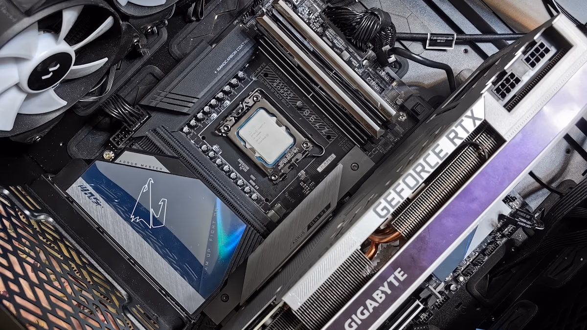 A high-performance computer motherboard with glowing circuits, symbolizing the optimization of hardware for AI tasks.