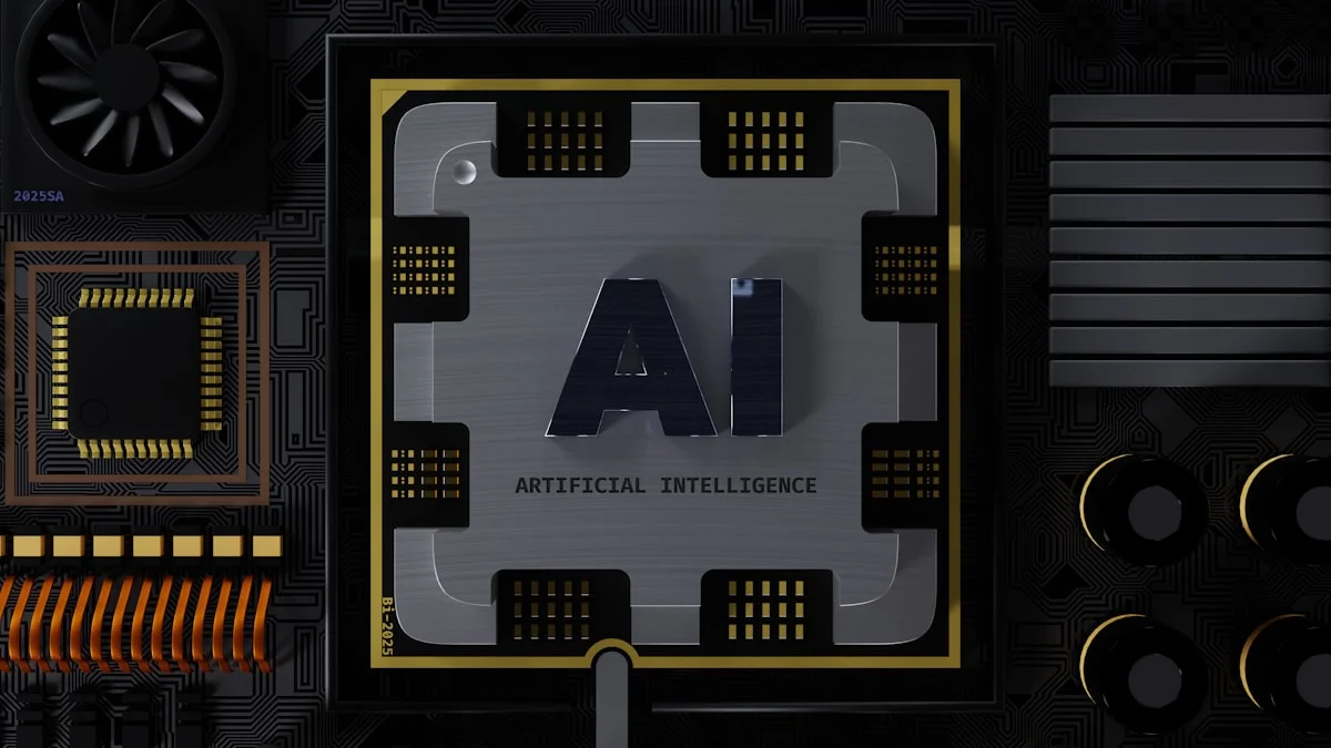 AI chip close-up inside a data center motherboard with glowing circuits