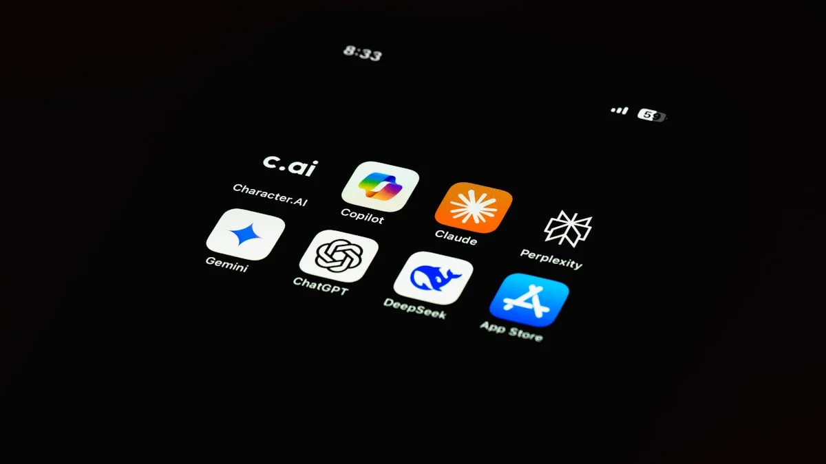 A futuristic interface showing a grid of AI app icons representing the top 100 tools of 2026
