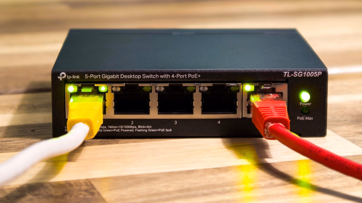 Network router cables representing telecommunications infrastructure.